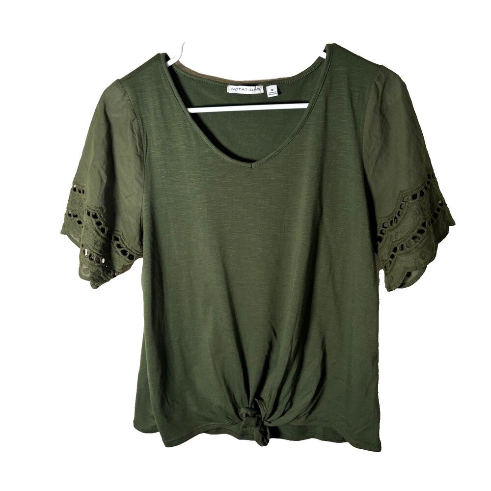 Notations Blouse Women's Medium Green Ruffle Eyelet Sleeve Tie Shirt Top